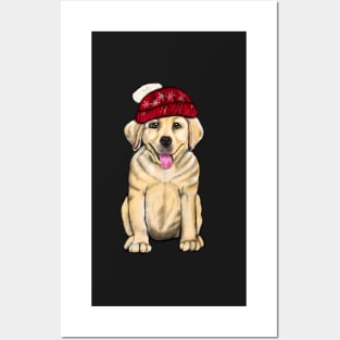 Labrador retriever- festive cute Golden Labrador retriever puppy dog in winter beanie hat Posters and Art